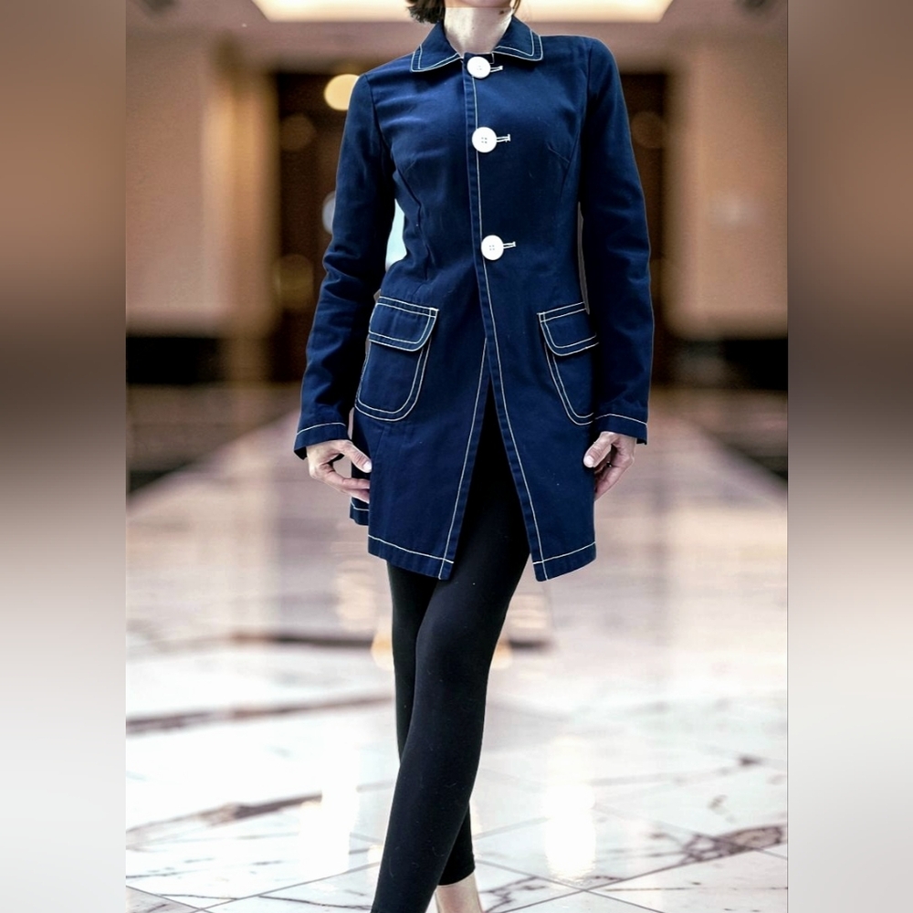 Classic Deep Blue Contrast Trench Coat with White Accents
